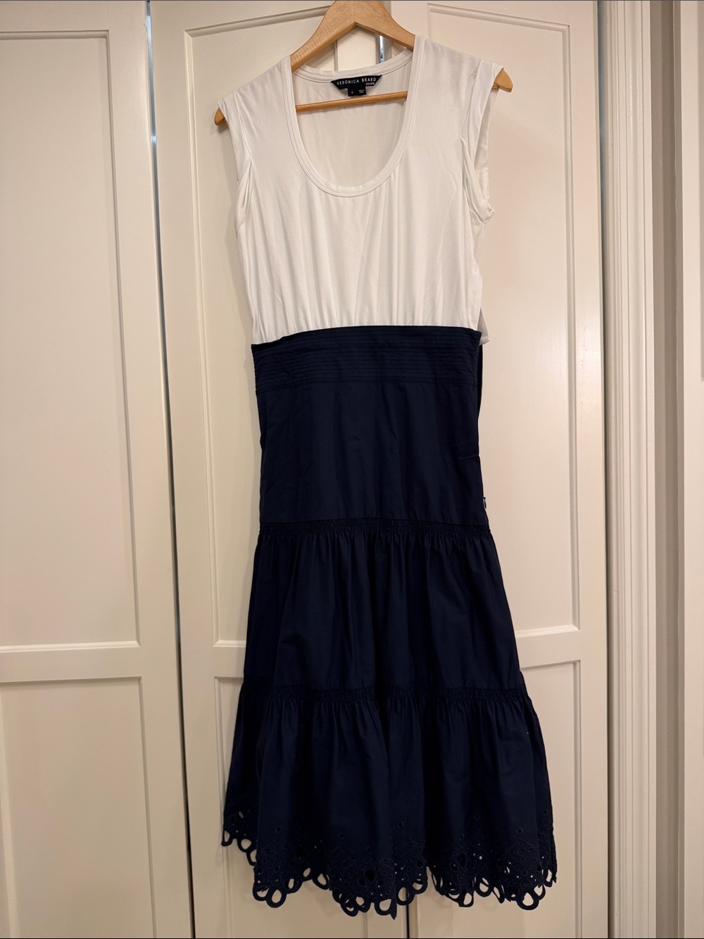 Veronica Beard White Top Navy Tiered Eyelet Midi Dress